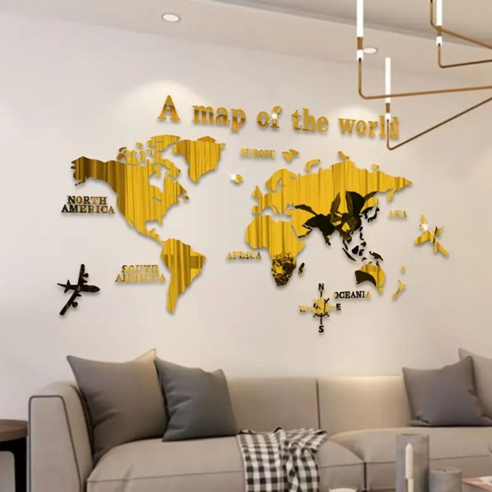 Modern 3D Gold World Map Wall Art – Decor for Living Room, Office, or Bedroom